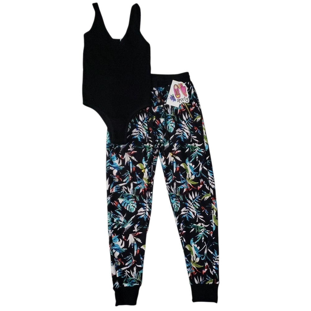 Black Bodysuit and Floral Joggers Set S
